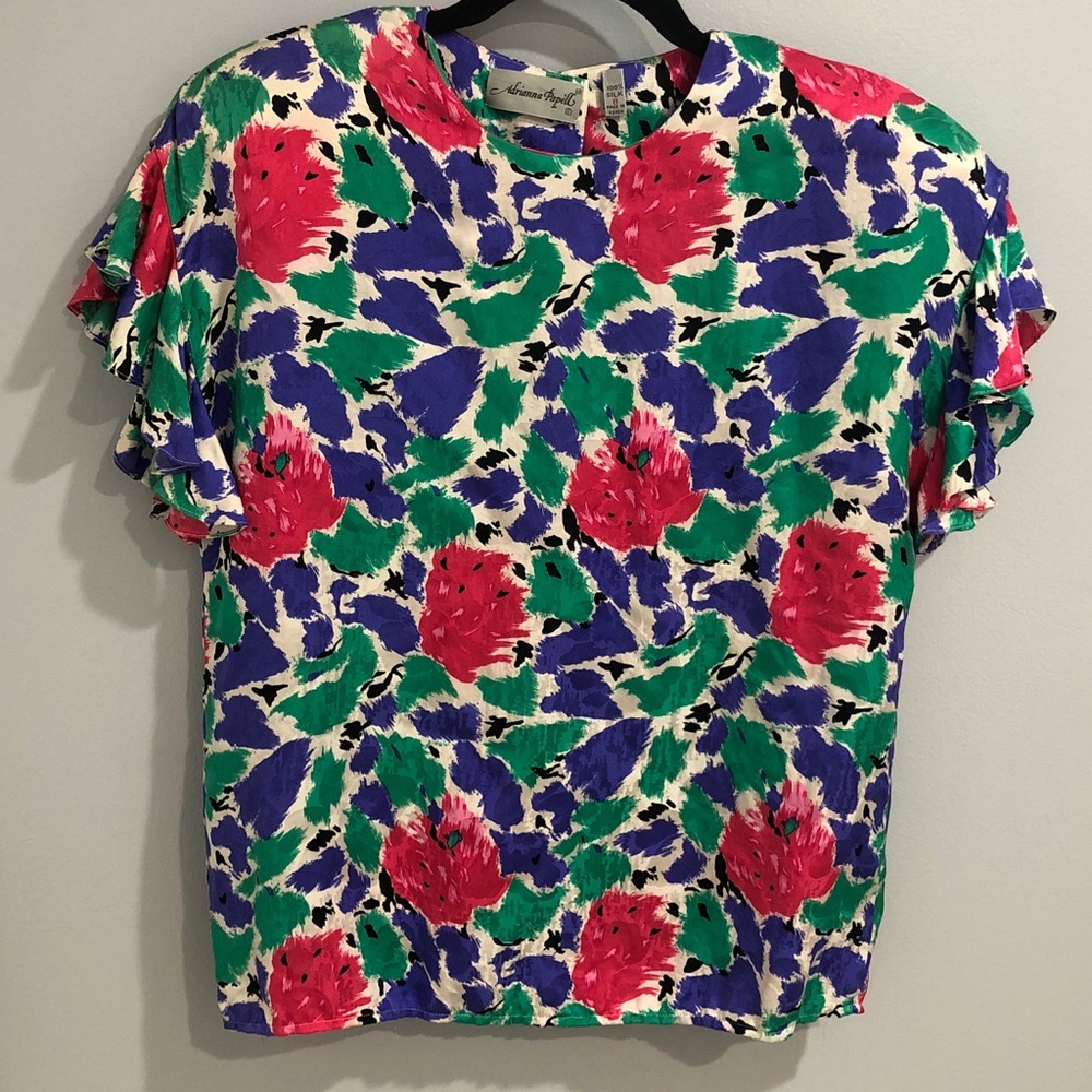 Adrianna Papell Women’s Ruffle Sleeves Top Multi Color Floral 100% Silk Size 8